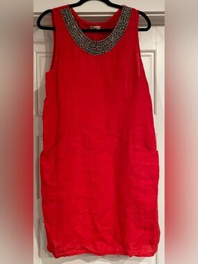 Lina Tomei Linen Embellished Beaded-Neck Red Dress